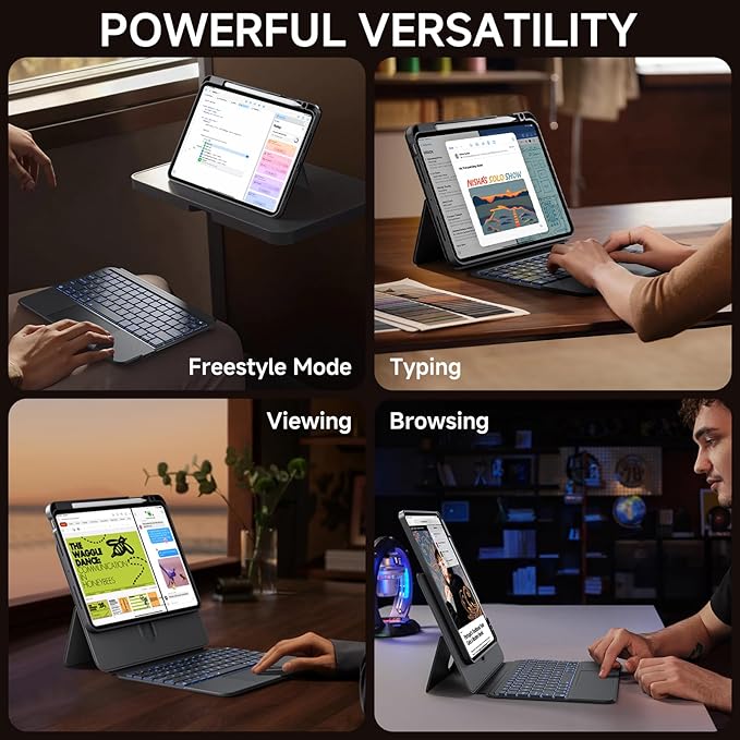 Tiaota for iPad Pro 11-inch (M4, 2024) Keyboard Case with Multi-Touch Trackpad, 360° Rotating Magnetic Stand, Detachable Protective Cover, Portrait & Raised Modes, 7-Color Backlight – Black