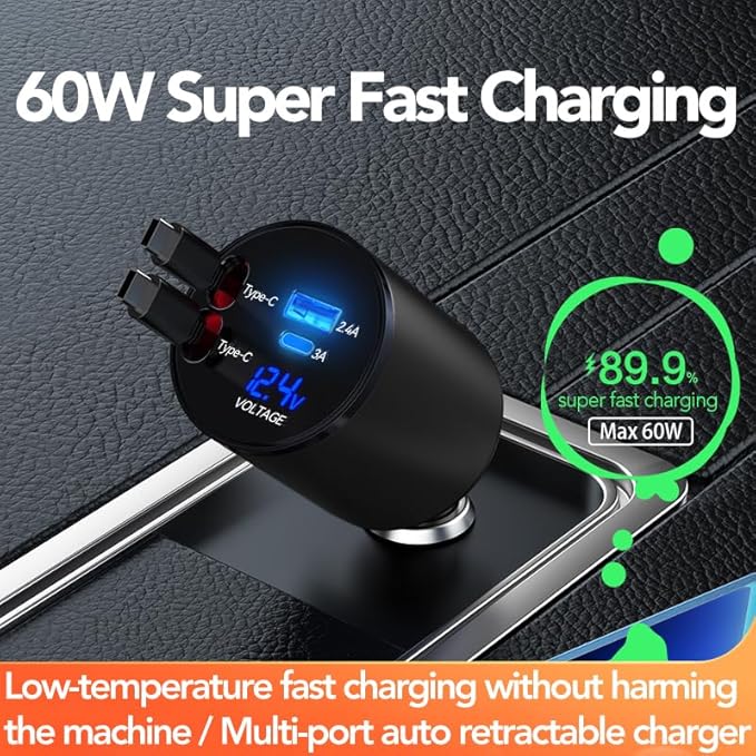 Retractable Car Charger, 4 in 1 Super Fast Car Phone Charger 60W, 2 Retractable Cables and 2 USB Ports Car Charger Adapter,Compatible with iPhone 17/16/15/14/13/12/11,Air-Pods Pro 3/4,Galaxy,Pixel