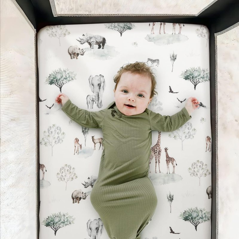 Stretchy Ultra Soft Jersey Knit Pack n Play Sheets Set 3 Pack, Portable/Mini Crib Sheets for Girls and Boys, Universal Fit for Pack N Plays Safe and Snug, Stylish African Savannah Animals Pattern