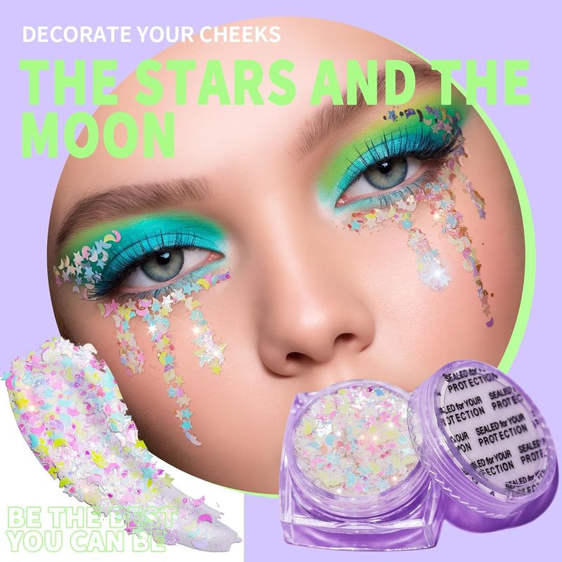 Face Glitter Gel for Women - Clear White Body Glitter with 6 Shapes | Chunky Rave Makeup Sequins