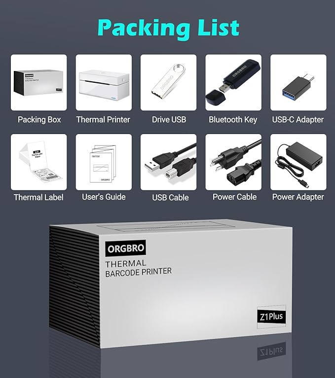 ORGBRO Bluetooth Thermal Shipping Label Printer, Z1-Plus Wireless 4X6 Shipping Label Printer for Small Business Office or Home Support iPhone Android Windows macOS Chrome Amazon Shopify USPS