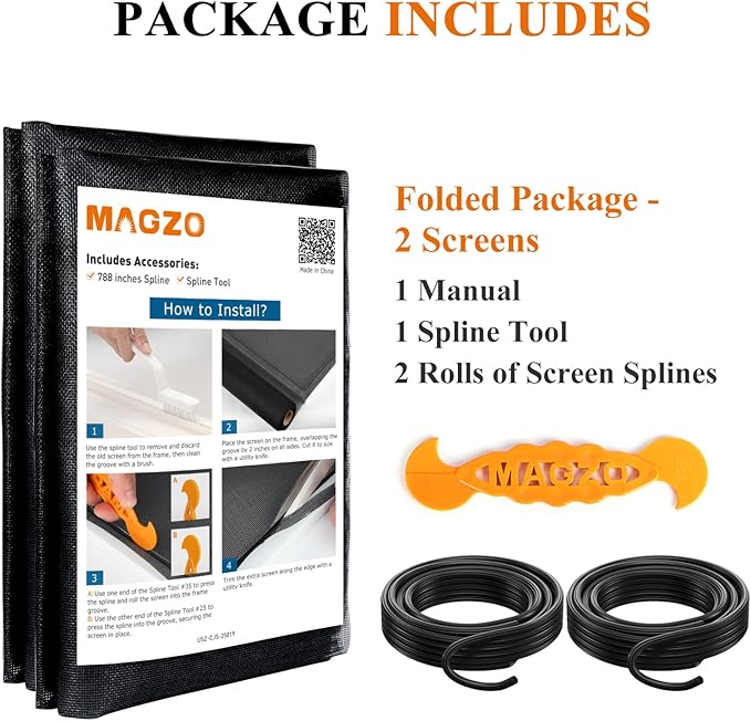 2PACK MAGZO Window&Door Screen Replacement Kit, 48''W x 99''L, with Retainer Spline (Total 65.6 FT) and Press-Fit Roller Tool, Scratch-Proof Polyester, Net Roll Repair for Sliding/House Windows, Black