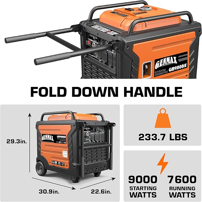 GENMAX Portable Generator, 9000W Super Quiet Gas Powered Engine with Parallel Capability, Remote/Electric Start, Digital Display,EPA Compliant,CO Alarm Ideal for Home Backup Power (GM9000iE)