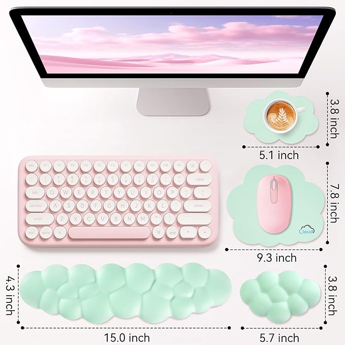 Sushret Cloud Wrist Rest for Computer Keyboard, 4-in-1 Memory Foam Leather Cloud Keyboard Wrist Rest and Mouse Pad Set with Ergonomic Support for Arm and Palm Cushion, Gaming/Work Setup, Light Green