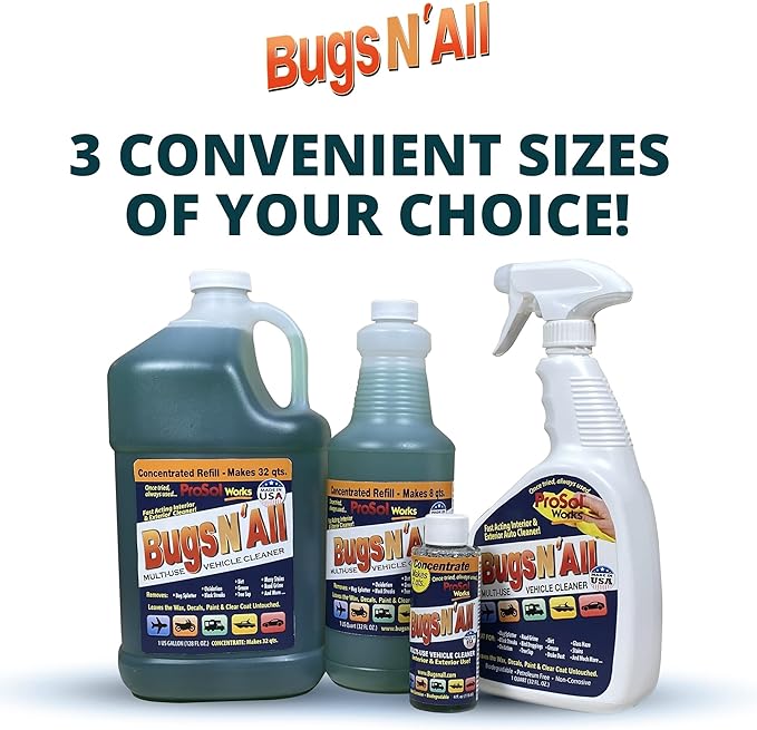 Bugs Nâ All Multipurpose Car Cleaner & Degreaser - Bug & Tar Remover Concentrate 32 oz - Exterior Cleaner Safe for Car Paint, Metal, Chrome, Aluminum, Windows & Mirrors - w/Free 32 oz Spray Bottle