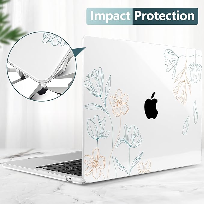 TWOLSKOO Compatible with MacBook Air 13 inch Case M5 2026 M4 2025 M3 M2 2024-2022 A3449 A3240 A3113 A2681, Plastic Hard Shell & Keyboard Cover for MacBook Air 13.6 inch Case, Engraved Floral