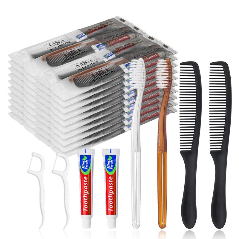 Gisdo 100pcs Disposable Toothbrushes with Toothpaste and Comb Floss Individually Wrapped,4-in-1 Bulk Toothbrush Kit with 2 Color Toothbrush,10 gram Toothpaste,7 inch Comb,Floss Pick for Homeless,Hotel