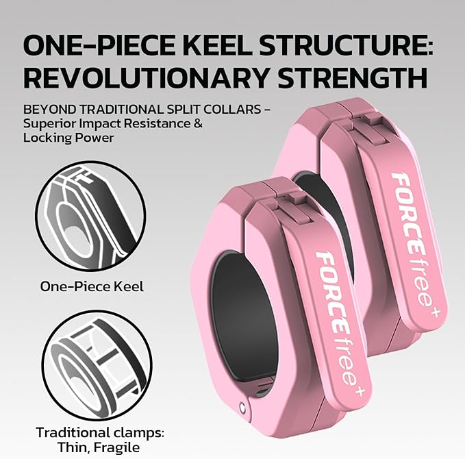 Forcefree+ Barbell Clips (Pair), Barbell Clamps, Quick Release Olympic Barbell Clamps with Anti Slip TPR Grip, Barbell Collars for Secure Weightlifting & Powerlifting (Non Magnetic, Pink)