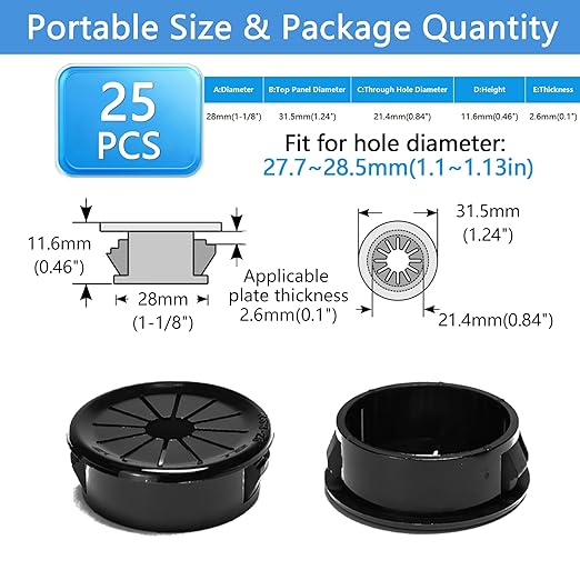 BOPOREAE 25 Pcs Cable Grommet, Snap Bushing 1-1/8" (28 mm) Mounting Diameter, Flexible Petal-Shaped Buckle Round Nylon Desk Grommet for Wires Through Countertop Cord Organizer and Protection, Black