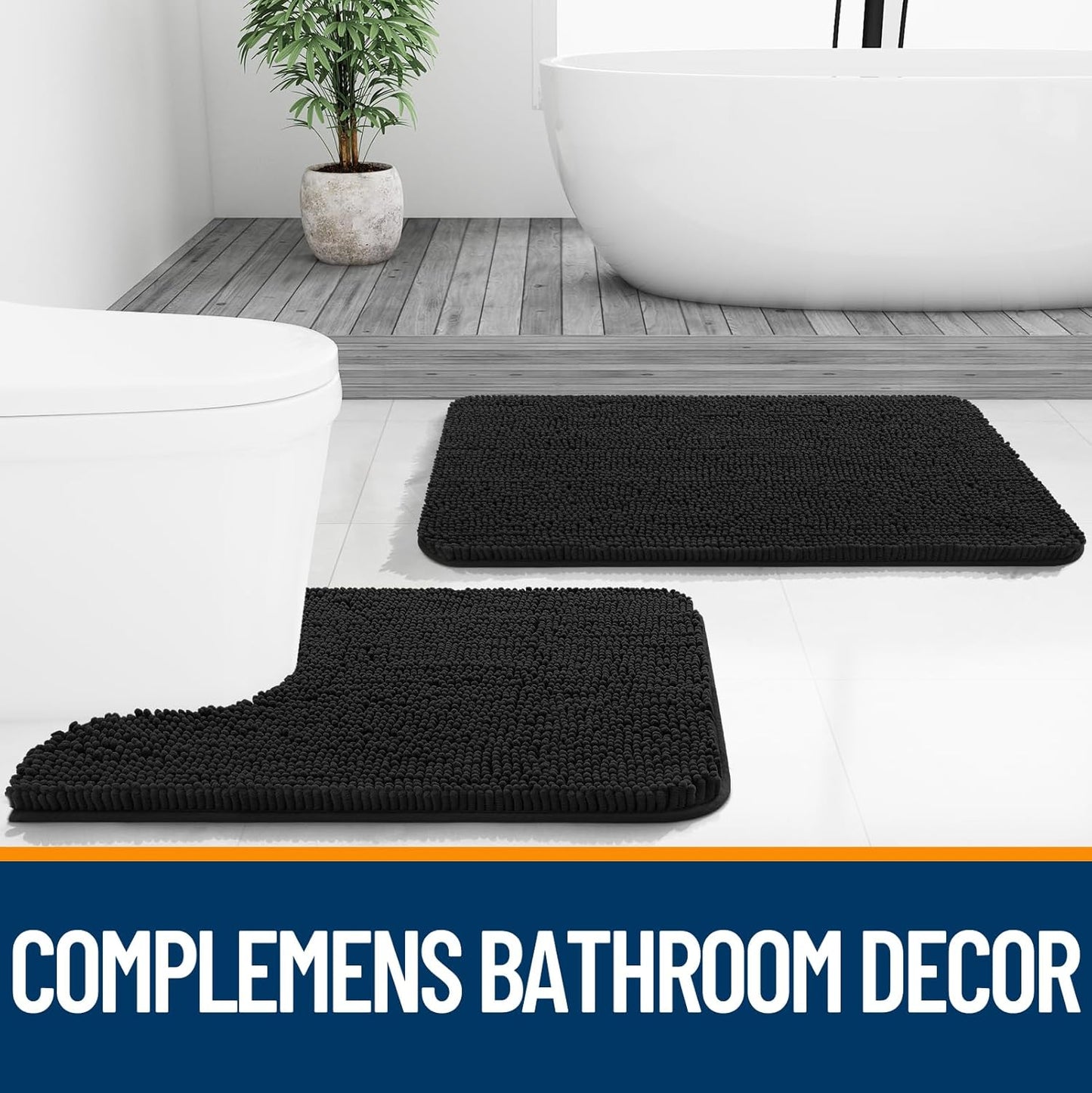 OLANLY Large Bathroom Rugs - Extra Soft Chenille Bath Mats | Quick-Dry, Machine Washable, Black 44x32
