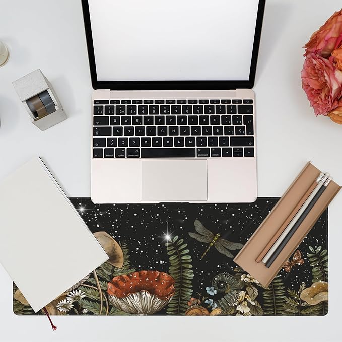 Eflxamz Large Gaming Mouse Pad for Desk,Cute Forest Mushroom Desk Mat,Starry Night Mushroom Desk Pad,Extended Big Computer Keyboard Mouse Pad with Non-Slip Base and Stitched Edge,31.5"x11.8"