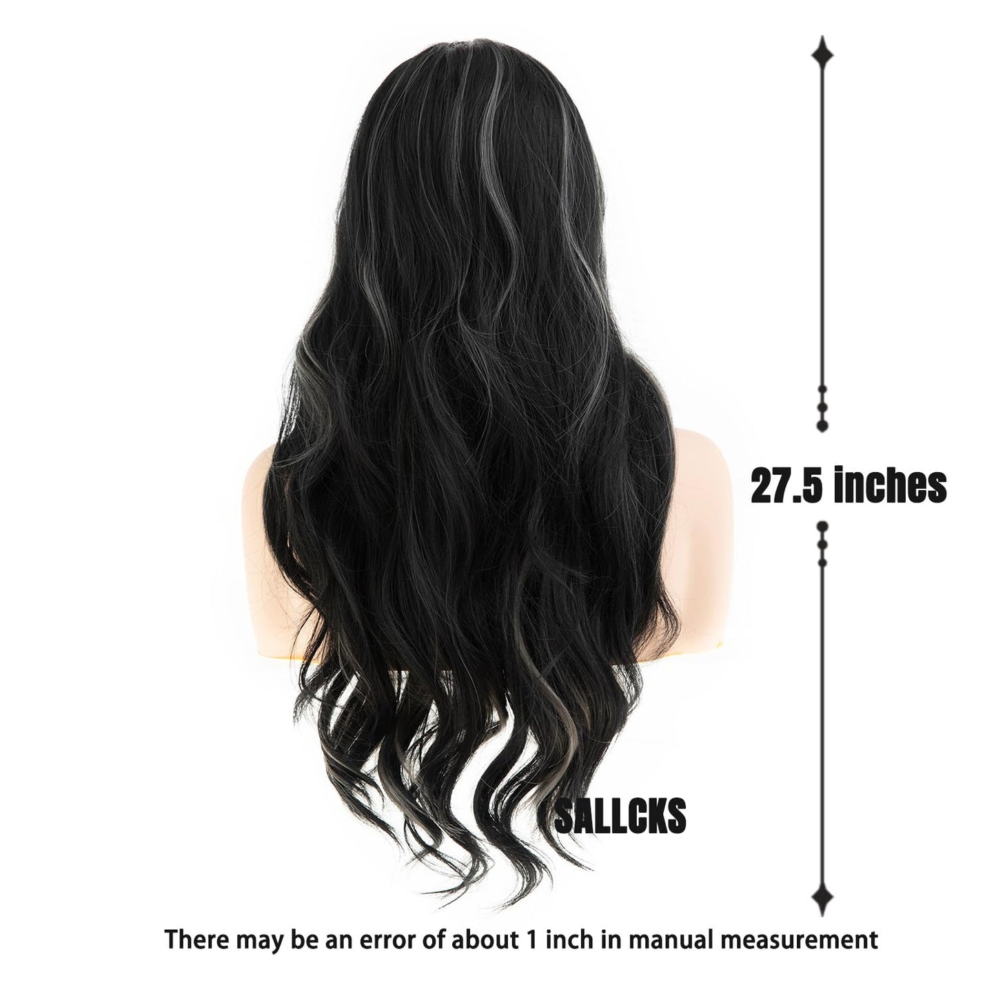 Sallcks Long Ombre Grey Lace Wigs for Women 27.5 inch Long Wavy Middle Part Wig Black Grey Highlight Cosplay Costume Halloween Wig