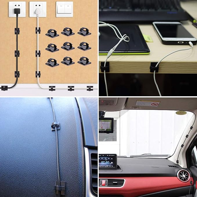 SAISN Adhesive Clips Strong Wire Holders 100 Pack Self-Adhesive Wire Clip Cable Cord Desk Management for Office Home and Car