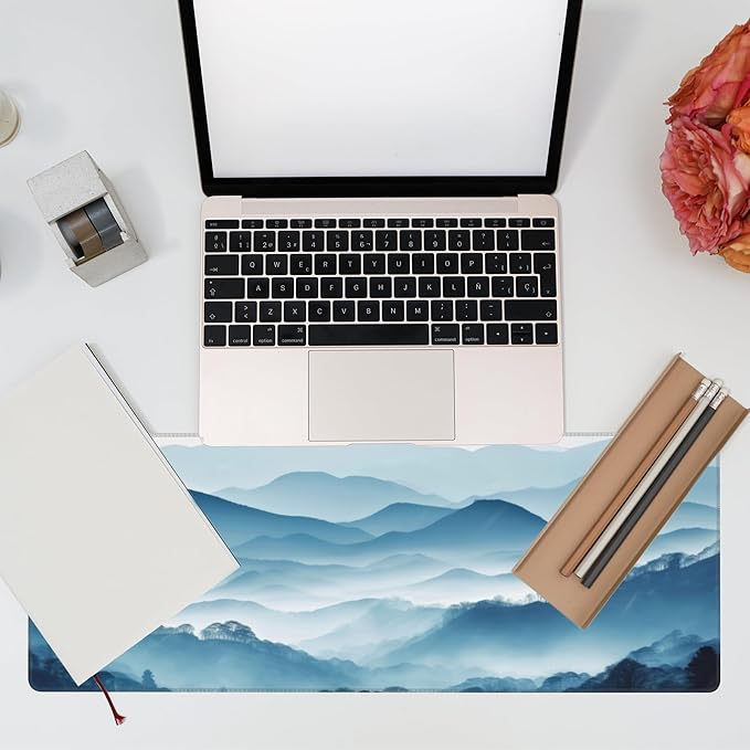 Eflxamz Large Gaming Mouse Pad for Desk,Mountain Desk Mat,Misty Forest Mountains Desk Pad,Extended Big Computer Keyboard Mouse Pad with Non-Slip Base and Stitched Edge,31.5"x11.8"