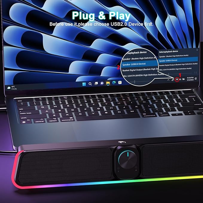BUSP-HYY Computer Speakers - Wired USB Powered Bluetooth Computer Sound Bar with RGB & Volume Knob, HiFi Stereo Portable Gaming Sound Bar Speaker for Desktop Monitor, PC, Laptop, Tablets, Mac Air/Pro