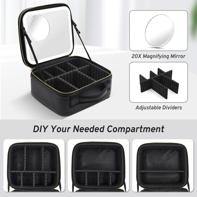 Makeup Bag with Magnetic Detachable Lighted Mirror 360° Swivel Angle, Travel Makeup Bag with Lights Portable Makeup Case Organizer with Mirror, Partition Cosmetic Bag Tools Accessories Train Case Gift