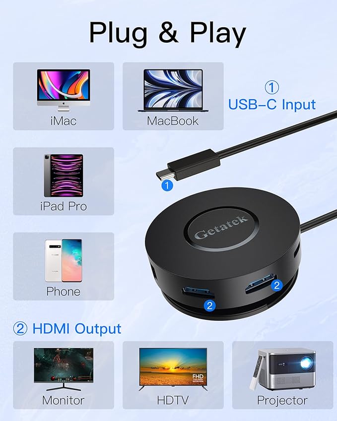 Getatek USB C Hub, 7 Ports Multiport Adapter with Dual HDMI Adapter, Type-C 100W PD Charging, 2* USB 3.0,Gigabit Ethernet, Card Reader, USB-Dongle for MacBook Pro/Air (USB C Dock Dual HDMI)
