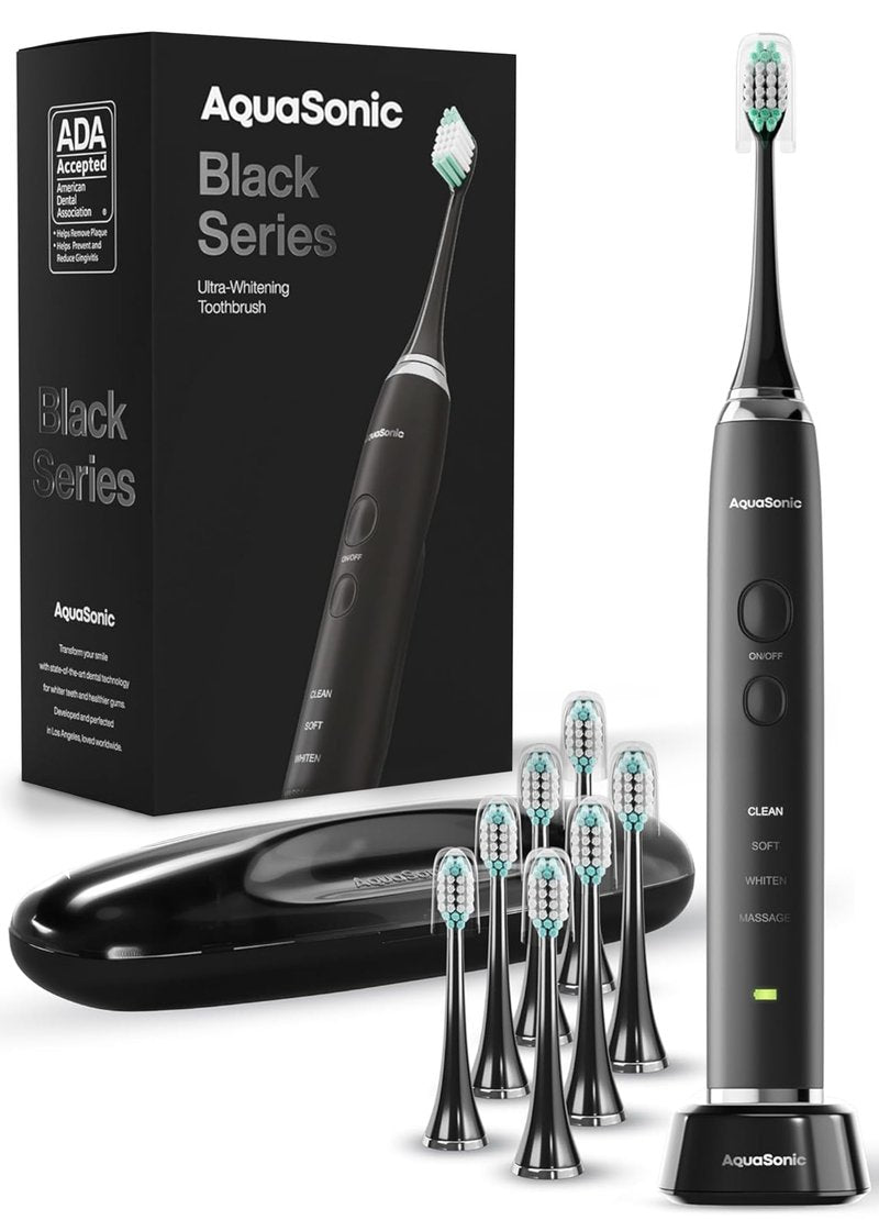 Aquasonic Black Series Ultra Whitening Toothbrush â ADA Accepted Electric Toothbrush- 8 Brush Heads & Travel Case â 40,000 VPM Electric Motor & Wireless Charging - 4 Modes w Smart Timer