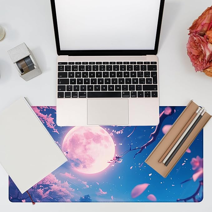 KOAIWPAE Large Gaming Mouse Pad for Desk, Falling Cherry Blossoms Desk Mat, Bright Full Moon Desk Pad, 31.5"x15.7" Extended Big Computer Keyboard Mouse Pad with Non-Slip Base and Stitched Edge