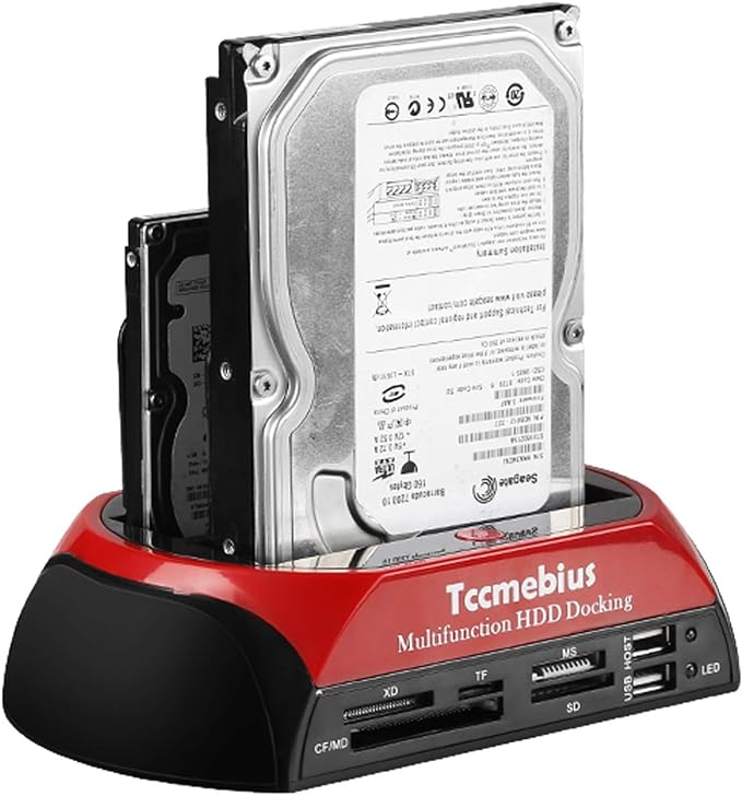 Tccmebius Hard Drive Docking Station, TCC-S862-US USB 2.0 to 2.5 3.5 Inch SATA IDE Dual Slots External Enclosure with All in 1 Card Reader and USB 2.0 Hub for 2.5" 3.5" IDE SATA I/II/III HDD SSD