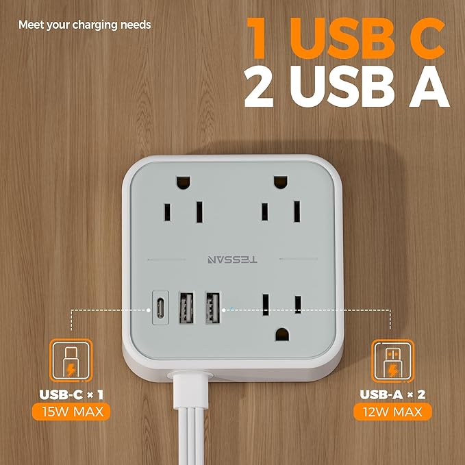 TESSAN Ultra Thin Flat Ring Plug Extension Cord 5 FT, Slim Travel Power Strip with USB Ports (1 USB C), Non Surge Protector Flat Plug Wall Charger with 3 Outlets for Office, Alaska Cruise Essentials