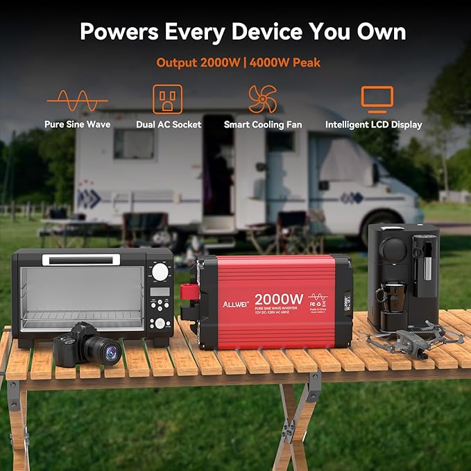 ALLWEI 2000W Pure Sine Wave Inverter 12V DC to 120V AC Converter, Surge 4000W, 20A Sockets, Hardwire Port, Power Inverters for Vehicles, RV Truck Home Solar & Off-Grid Inverter, Remote Controller