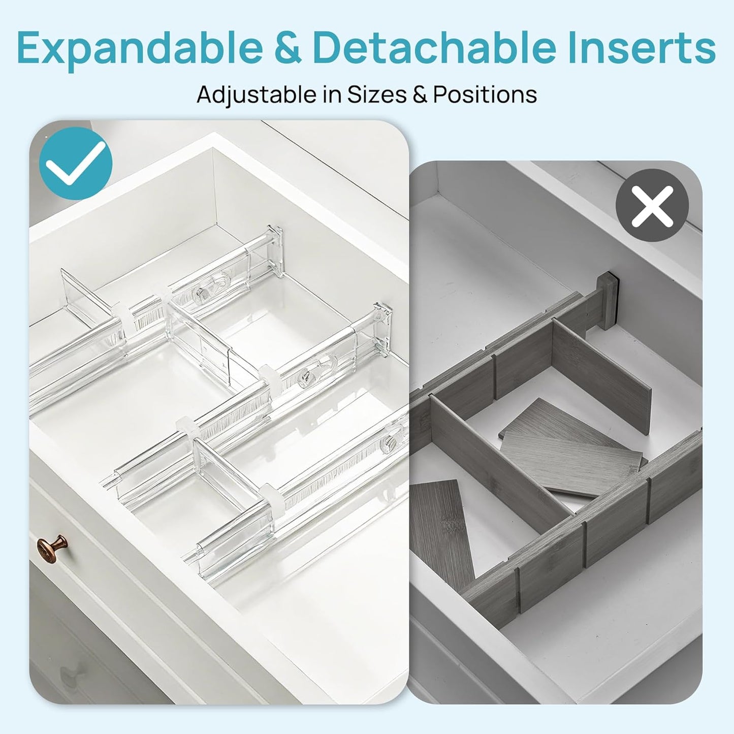 Vtopmart Drawer Dividers - Expandable Kitchen Organizer with 8 Dividers & 14 Inserts | Adjustable 12.8"-22.3" Clear Plastic Separator for Utensils & Cutlery