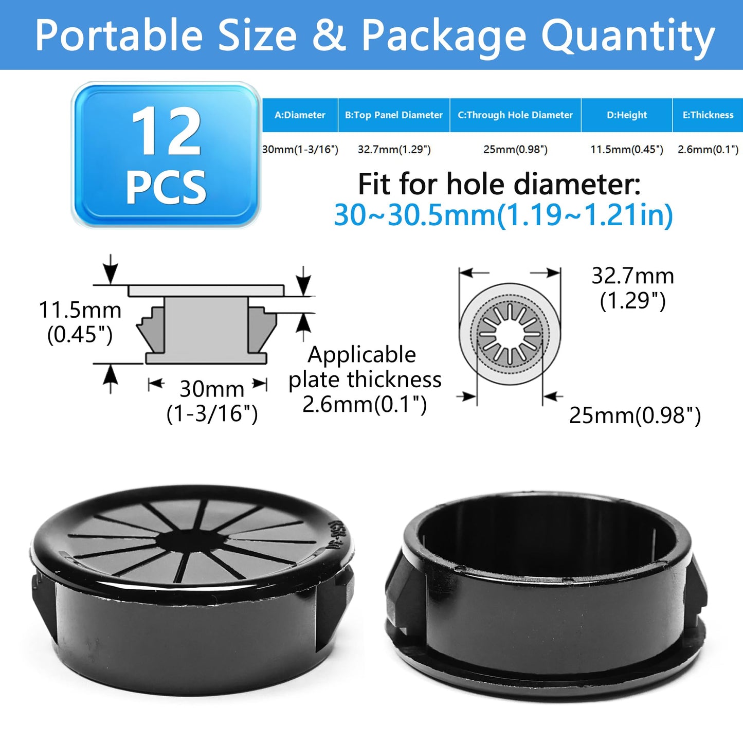 BOPOREAE 12 Pcs Cable Grommet, Snap Bushing 1-3/16" (30 mm) Mounting Diameter, Flexible Petal-Shaped Buckle Round Nylon Desk Grommet for Wires Through Countertop Cord Organizer and Protection, Black