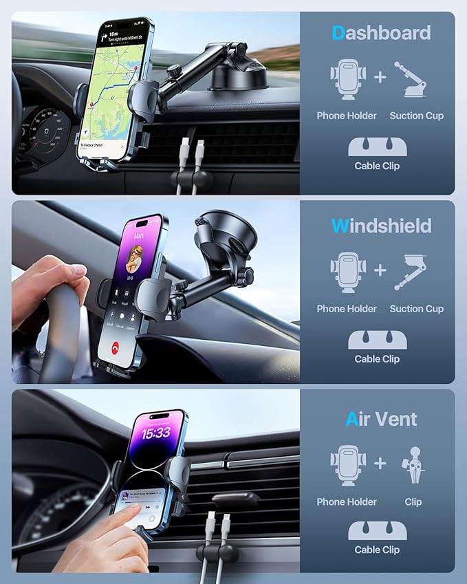 HTU Car Phone Holder【2026 Upgraded 100+LBS Suction & Safety Cert】 Cell Phone Car Mount for Truck Heavy Duty Phone Holder for Dashboard/Windshield/Vent for iPhone 17 16 Pro Max, Red