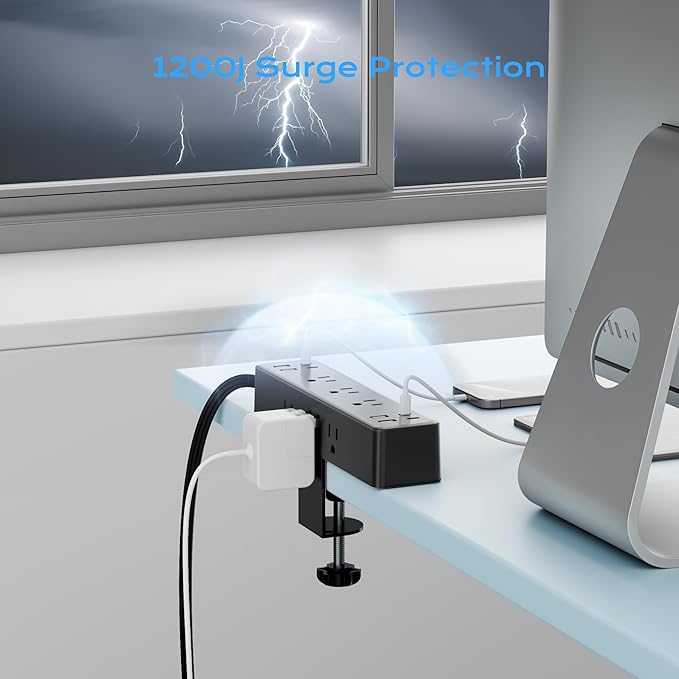 Flat Plug Desk Clamp Power Strip 10FT, 40W Total Fast Charging Station, Dual PD 20W USB C Ports, Desk Edge Mount Power Strip 9 AC Outlets 8 USB Ports(4 USB C), Fit 1.7" Tabletop Edge