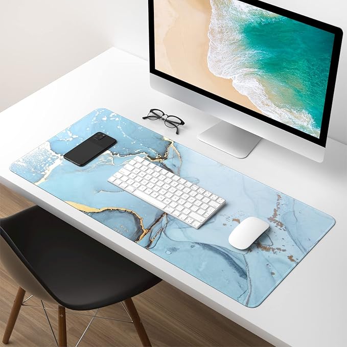 Atufsuat Extended Gaming Mouse Pad, XXL Large Desk Pad 30 x 14 Inch, Big Computer Keyboard Mousepad, Waterproof Mouse Mat with Stitched Edges and Non-Slip Base for Women Office Gaming, Blue Marble