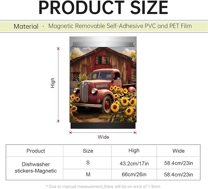 Farm Red Truck Dishwasher Magnet Cover Country Refrigerator Sticker for Kitchen Decor, Farmhouse Sunflower Magnetic Dishwasher Cover Panel, Reusable and Removable (23" W x 26" H Magnetic)