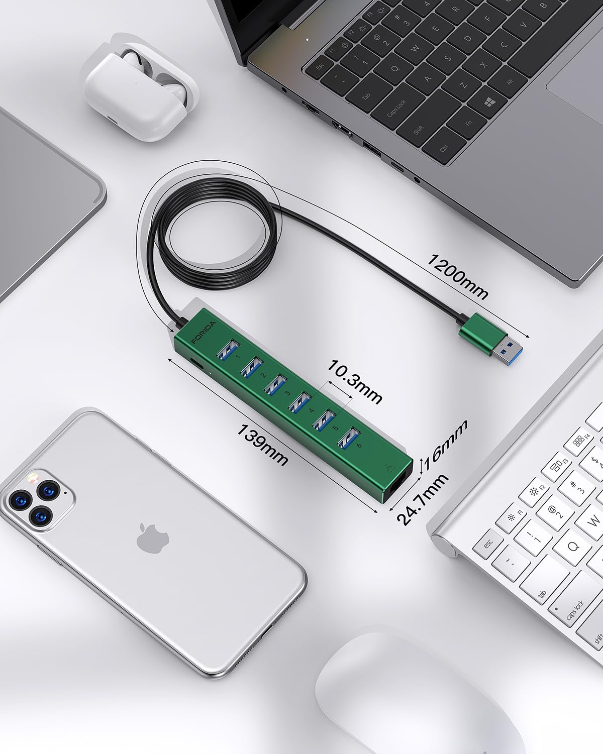 7 Ports USB 3.0 Hub, USB to Network HUB with 3.9ft Long Cable for Laptop, USB Splitter with Gigabit Ethernet Port and 5V/3A Power Port, MultiPort Aluminum Hub for iMac, PC, Flash Drives (Green)