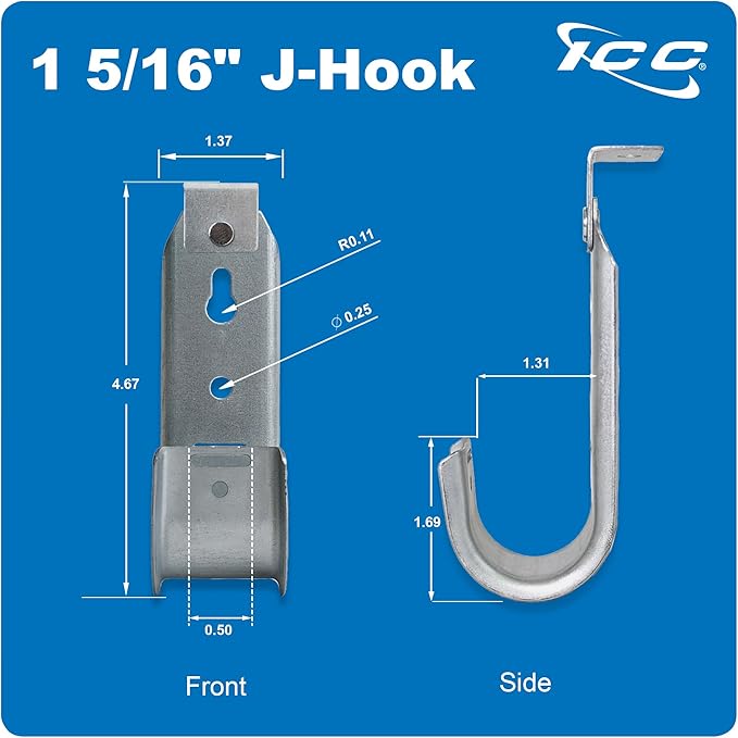 ICC Ceiling Mount J Hook 1-5/16" Without Retainer Clip – Galvanized Steel Cable Management Hooks for Hanging Cable - Rust-Resistant, EIA and TIA Compliant - 1-5/16 Inch 25 Pack