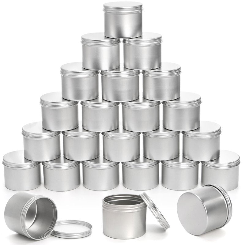 Foraineam 24 Pack 4 oz. Round Tin Cans Hair Wax Cream Lip Balm Cosmetic Sample Container Jars Candle Tea Spice Empty Travel Tins with Screw Lid