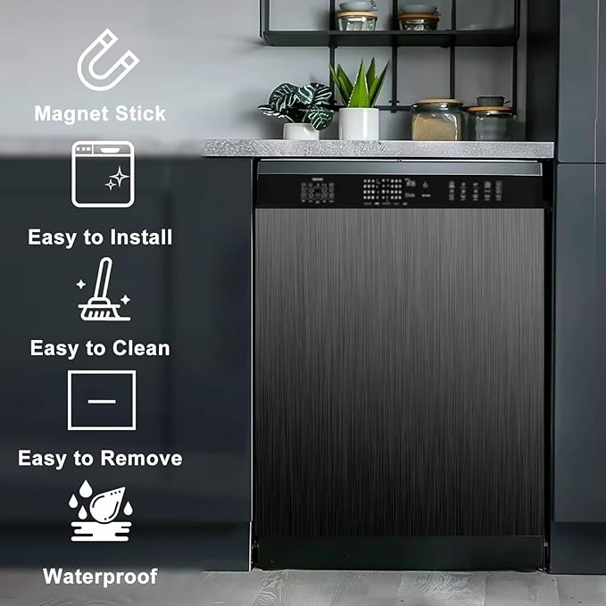 Black Stainless Steel Magnetic Dishwasher Cover, Brushed Stainless Steel Pattern, 23" x 26", 1 Count