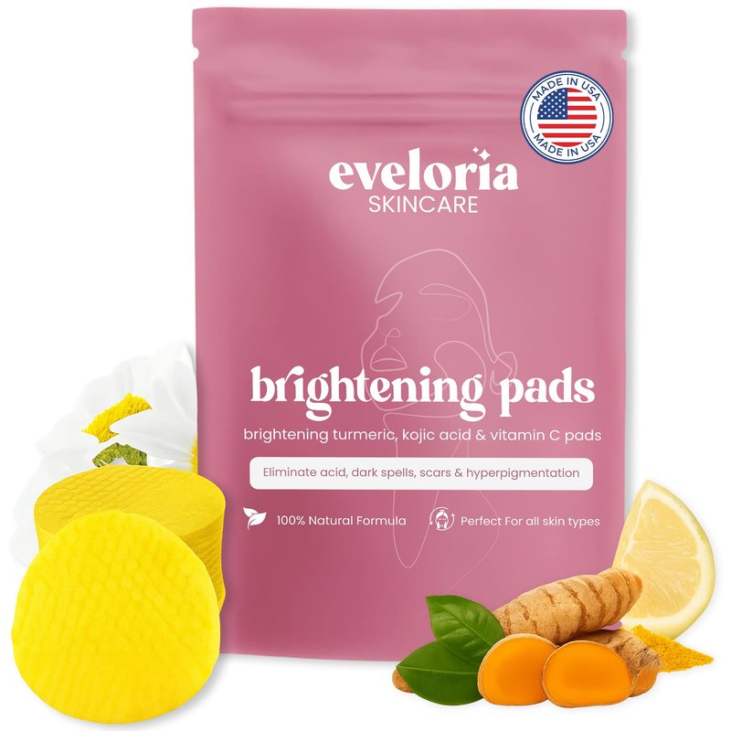Eveloria⢠Turmeric & Kojic Acid Toner Pads for Face â Brightening & Dark Spot Toner Pads with Vitamin C â Exfoliating Facial Toning Pads for Pore Minimizing, Uneven Tone & Acne Prone Skin (30 Pads)