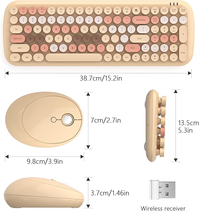 KNOWSQT Wireless Keyboard and Mouse Combo, Light Milktea 100 Keys 2.4 GHz Round Keycap Typewriter Keyboards, USB Receiver Plug and Play, for Windows, PC, Laptop, Mac, Desktop