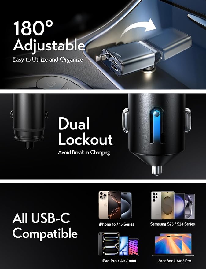 LISEN Retractable Car Charger, Car Charger USB C Fast Charge【98% Less Space,Mini】 57W Fast Charger for iPhone 17 16 15 Pro Max Plus Air, RV Electronics Interior Sets Car Accessories