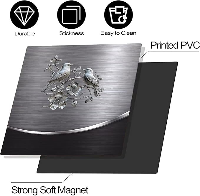 Grey Metal Silver Bird with Flower Pattern Magnetic Dishwasher Cover Sheet,Polishing Steelbird Dishwasher Skin Decor Silver Texture,23X26 INCH Magnet Rerigerator Kitchen Panel Decal Sticker