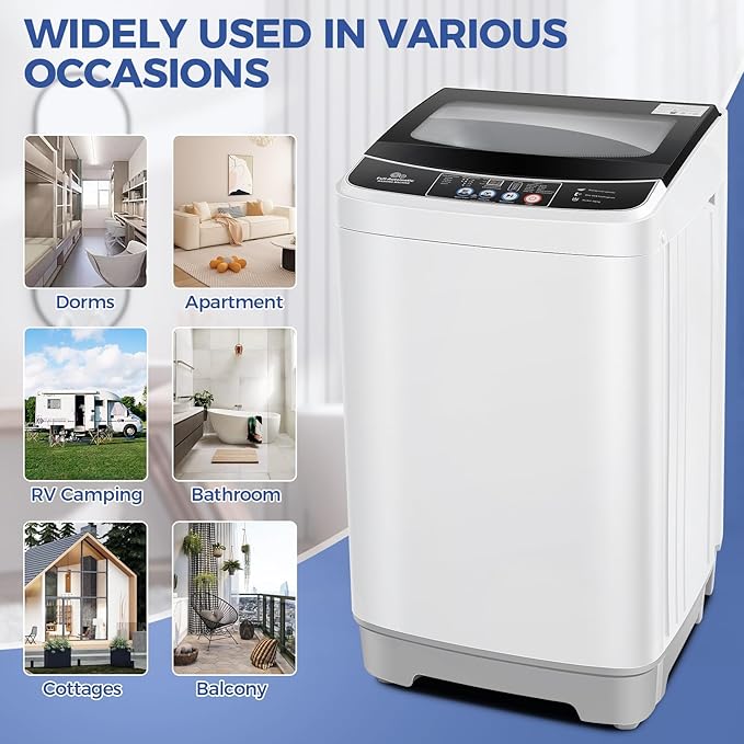Nictemaw Portable Washing Machine 17.8Lbs 2.4 Cu.ft Full Automatic Washer Machine with 10 Programs and 8 Water Levels Small Washing Machine for Apartment, Rv, Home, Glass Cover