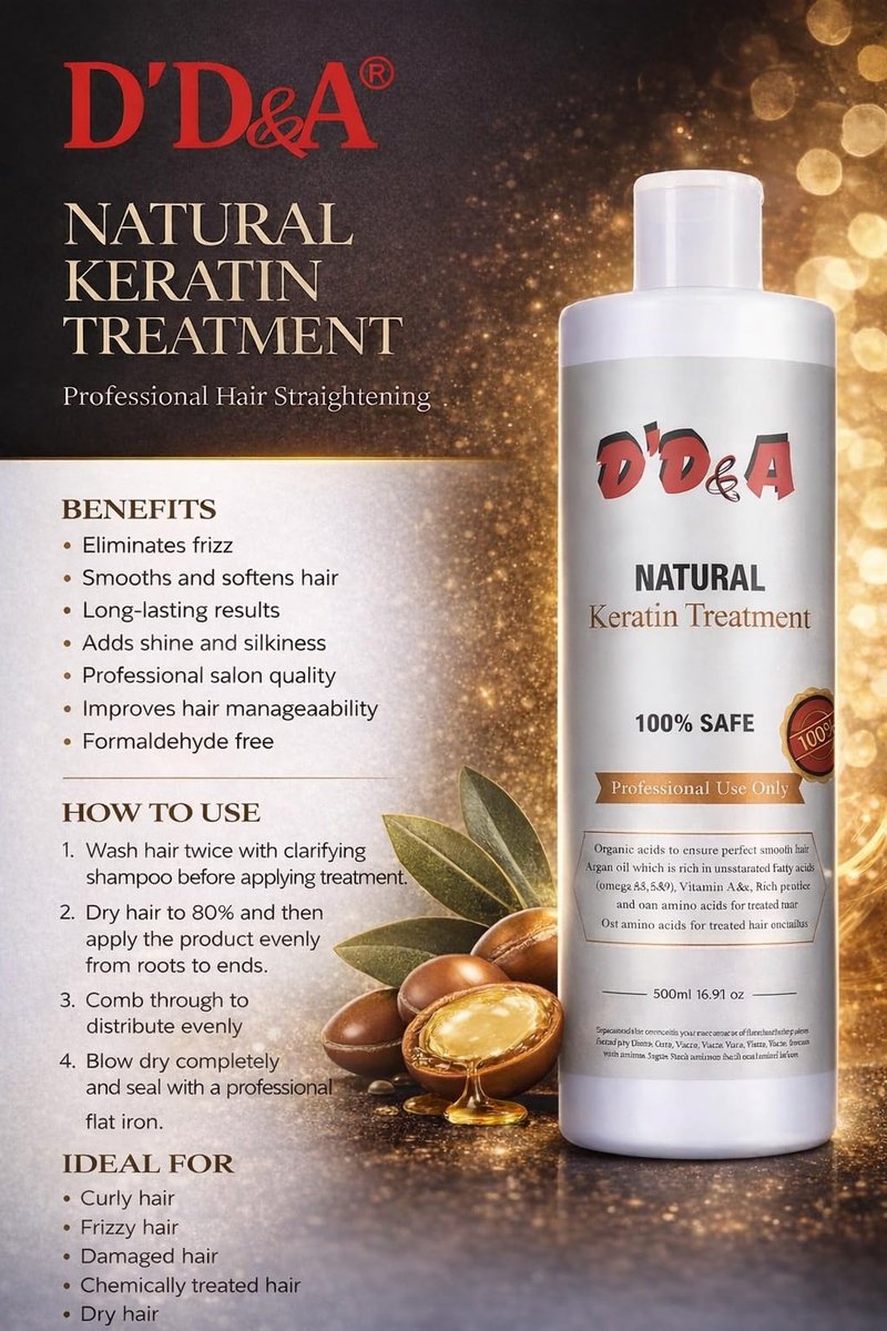 D’D&A KERATIN TREATMENT 100% NATURAL-FORMALDEHYDE-FREE HAIR SMOOTHING TREATMENT FOR FRIZZ CONTROL & SHINE (500ml)