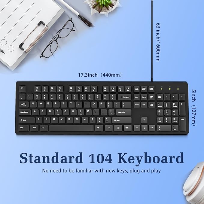 MIKUSO Laser Keyboard with Cover, Wired Keyboard 104 Keys Full Size, Laser Etched Non Fading Keycaps, Easy Clean Computer Keyboard with Number Pad for Office Desktop PC, 1.6m USB Cable- Black