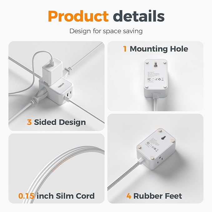 TESSAN Small Flat Plug Power Strip, Ultra Thin Extension Cord 5 ft, 3 AC Outlets with 3 USB Ports (1 USB C), Multiple Wall Outlet Extender for Cruise Travel Office School Dorm Room Essentials, White