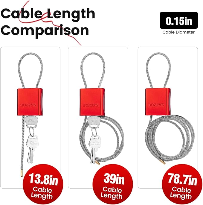 BOZZYS Cable Lock with 3 Keys | L 6.56ft(2m),D 1/6in(4mm) Adjustable Steel Cable Padlock | Aluminum Locks for Bikes, Gate, Lockers & Outdoor Gear | Weatherproof & Red