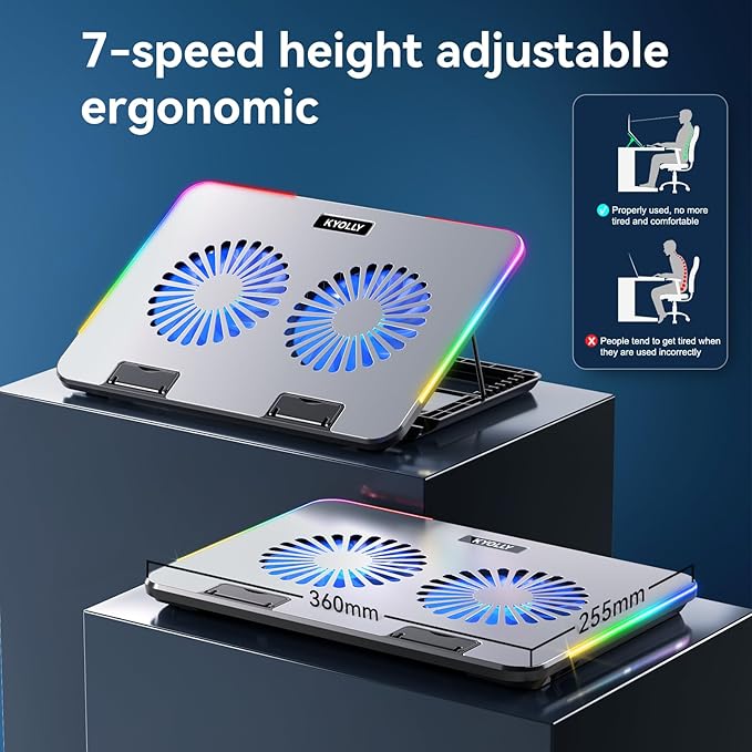 KYOLLY RGB Gaming Laptop Cooling Pad with Metal Panel, 2 Ultra Quiet Big Fans, 10 Lighting Modes, Phone Stand & 7 Height Adjustable Ergonomic Cooler for 10-15.6 Inch Laptops