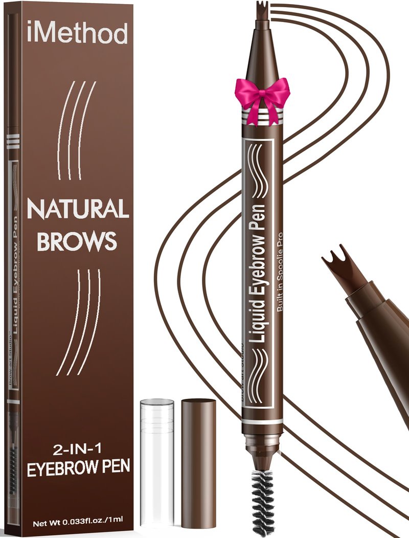 iMethod Microblading Eyebrow Pen - Eyebrow Pencil 2-in-1 Dual-Ended Eye Brow Pencils for Women with 3-Fork-Tip and Spoolie Brush Create Natural Hair-Like Defined Brows, Last All-Day, Dark Brown