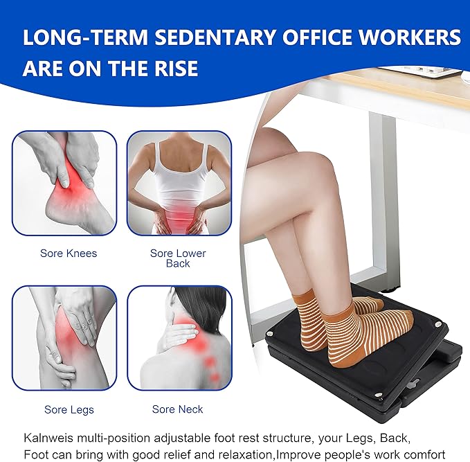 Kalnweis Under Desk Footrest - Detachable Memory Foam Cushion & Massage Roller, Tool-Free Height & Angle Adjustable Foot Stool, Ergonomic Leg Rest for Office, Home & Gaming Comfort, (Black Plus)