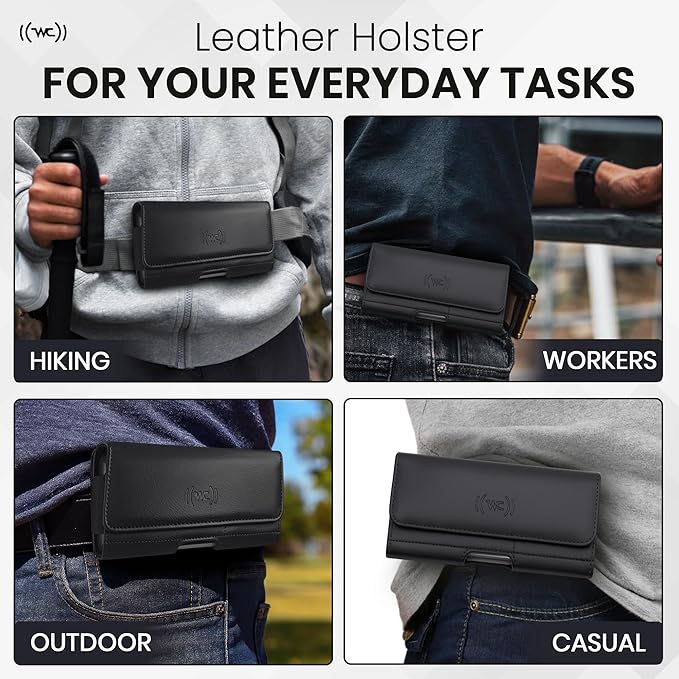 Wireless City Leather Phone Holster for iPhone 17/17 Pro, 16/16 Pro/16e, 15/15 Pro, 14/14 Pro, 13/13 Pro, 12/12 Pro, 11, XR Horizontal Belt Clip Phone Pouch Card Holder Magnetic Closure Phone Case