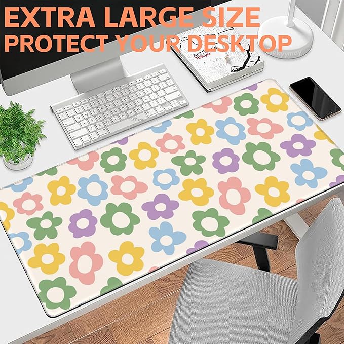 NIYLYNSYN Mouse Pad Large Vintage Groovy Flowers Non-Slip Gaming Desk Mat with Stitched Edge Laptop Keyboard Desk Pad for Work Home Gaming (35.4 x 15.7 Inches)